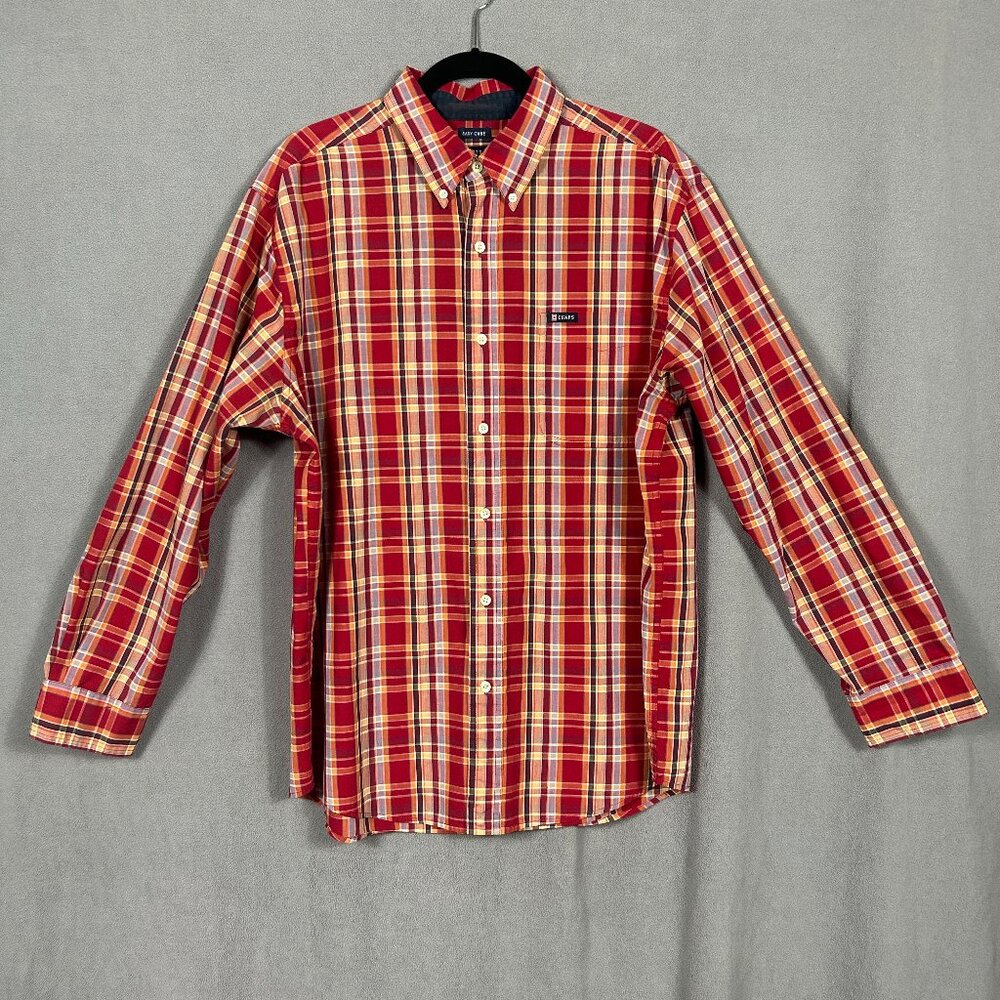 Chaps Easy Care Men's Large Long Sleeve Shirt Button Down Red Plaid Casual